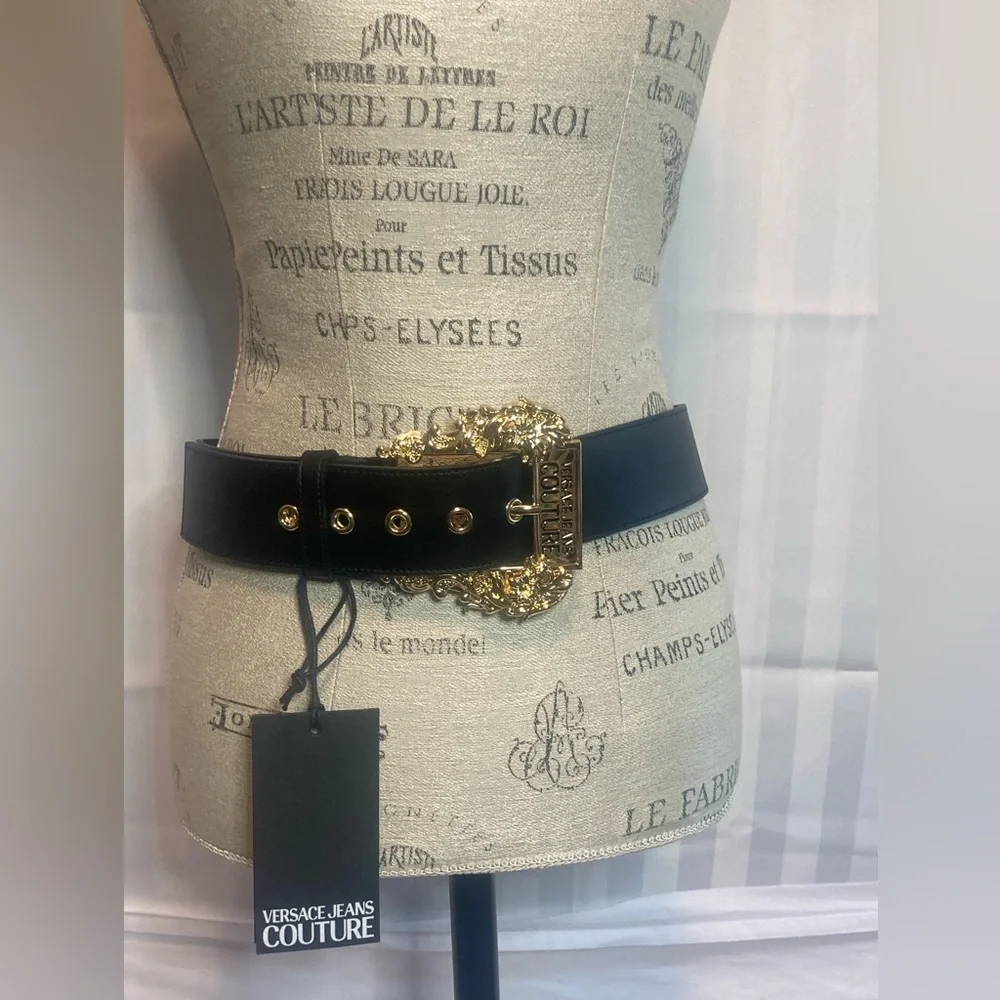 Versace Jeans Couture Gold Tone Metal & Black Leather Wide Belt | Sz 85 / 33.46” - Picture 14 of 16
